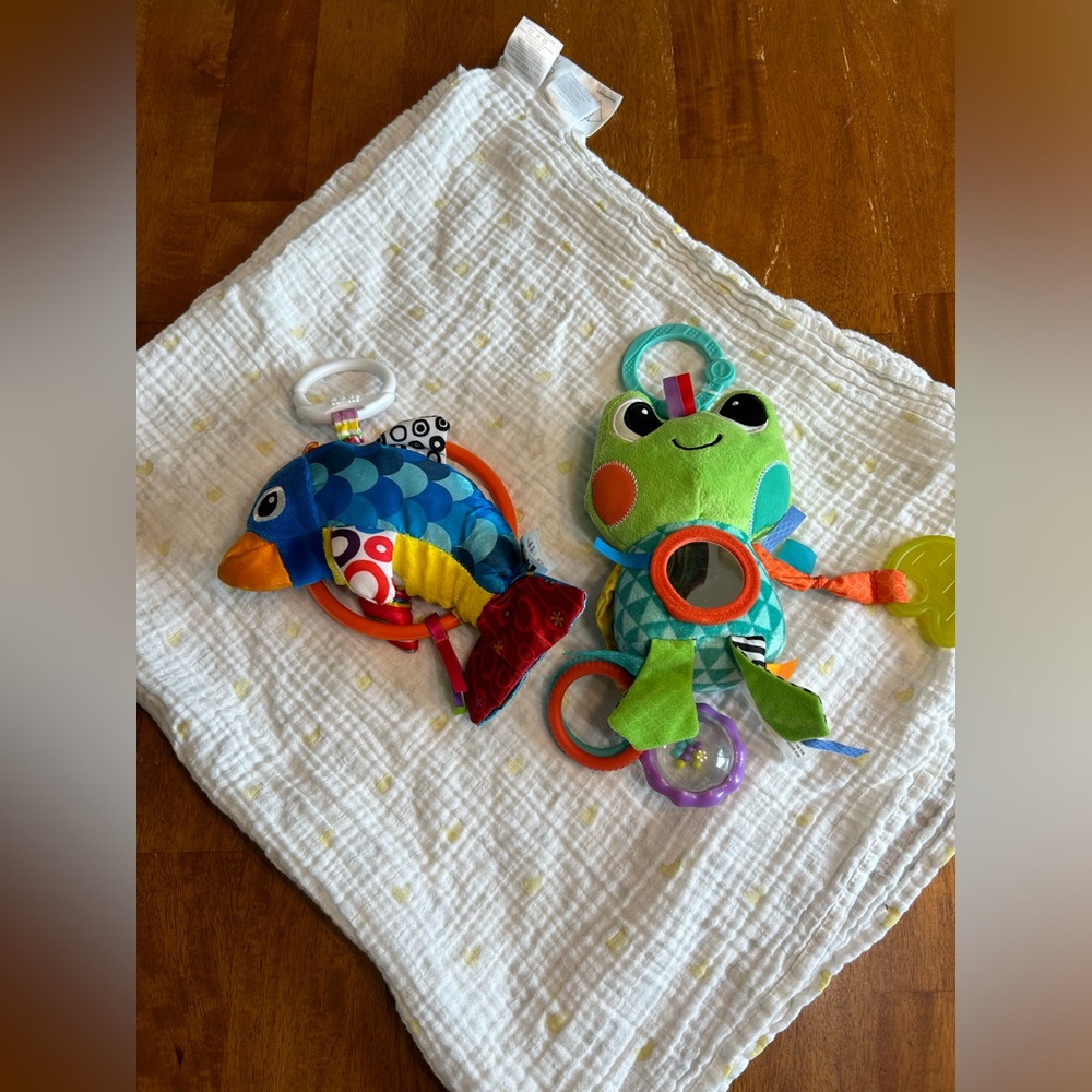 Three piece baby bundle Muslin swaddle blanket with bird and frog toy